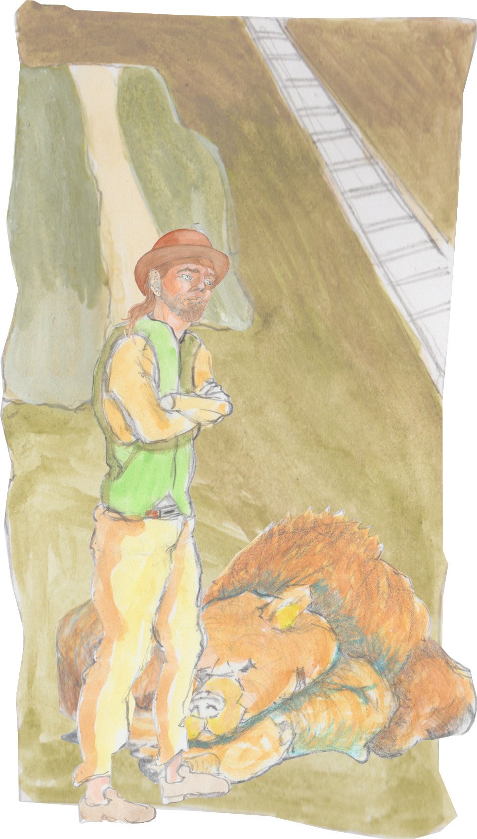Hulton standing with arms crossed as Bosco the bear sits down for a nap.